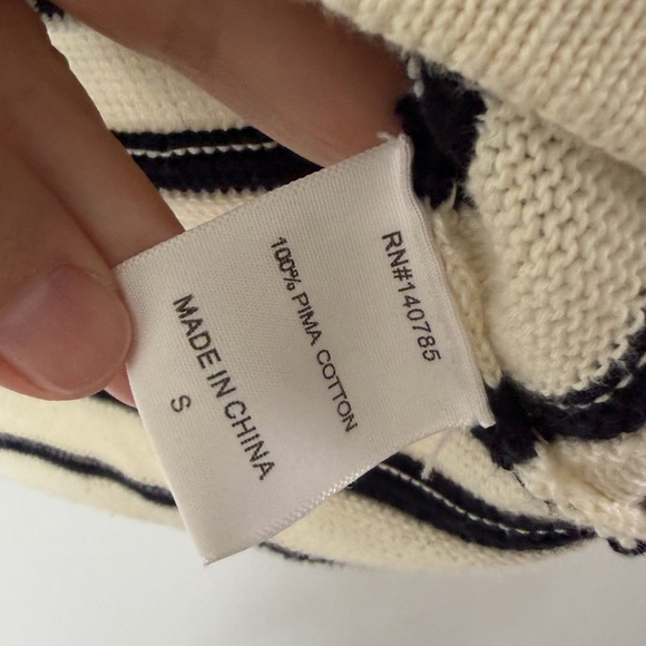 Brochu Walker Ivory & Black Stripe Knit Pima Cotton Sweater With Elbow Patches - Picture 7 of 8